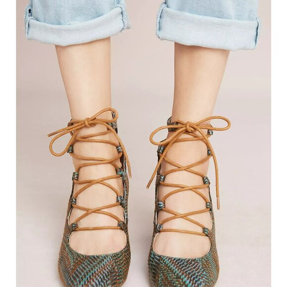 Vanessa Wu Ghillie Lace-Up Block Heels Size 38 US 7.5 Leather Upper Brown & Teal - Picture 10 of 12